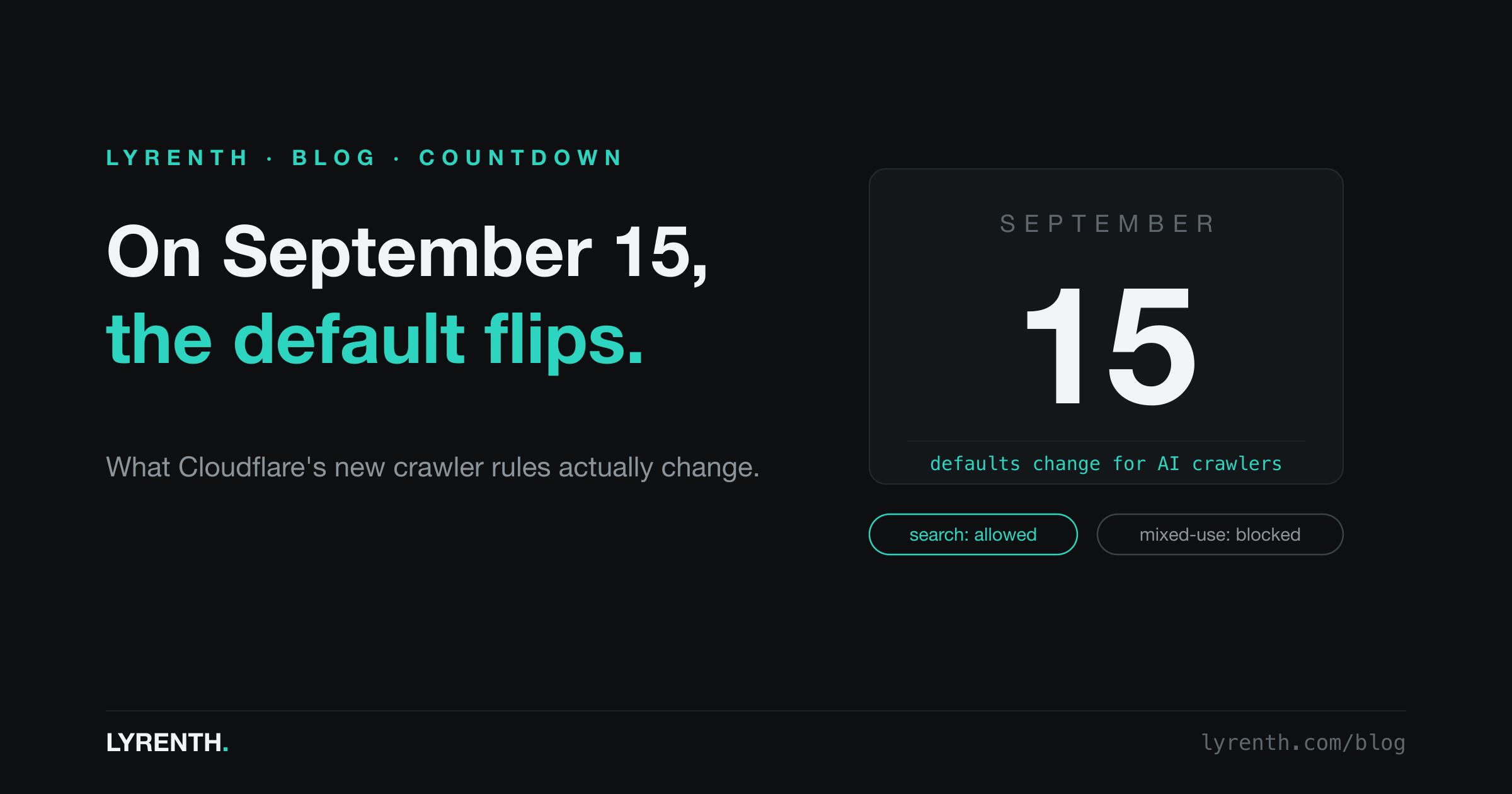 Dark cover with a large calendar card reading September 15, captioned: defaults change for AI crawlers, with search allowed and mixed-use blocked.