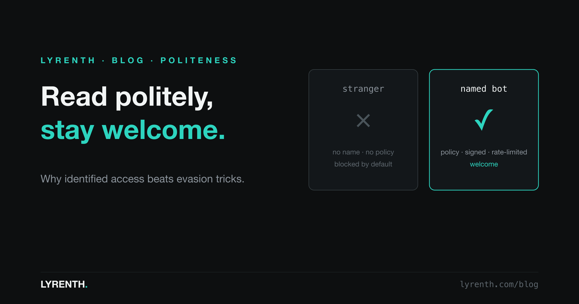 Dark split panel: a stranger card with a cross, blocked by default, beside a named-bot card with a check: policy, signed, rate-limited, welcome.